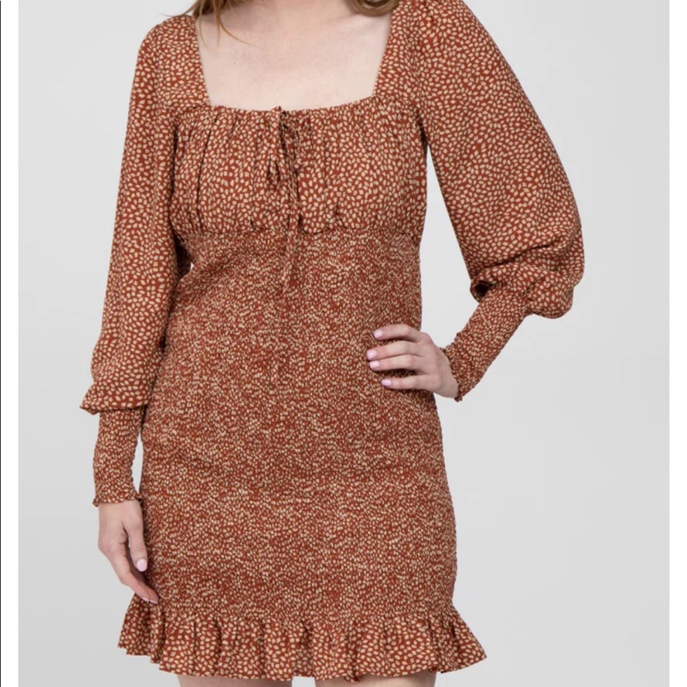 PINKBLUSH Rust Leaf Print Smocked Mini Dress